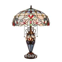 Stained Glass Tiffany Style Dark Bronze 3 Bulb Double Lit Table Lamp 18 Wide