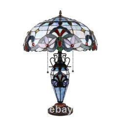 Stained Glass Tiffany Style Dark Bronze 3 Bulb Double Lit Table Lamp 18 Wide