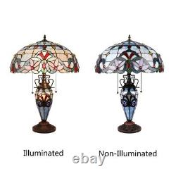 Stained Glass Tiffany Style Dark Bronze 3 Bulb Double Lit Table Lamp 18 Wide