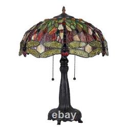 Stained Glass Tiffany Style Dark Bronze Finish Dragonfly Metal Table Accent Lamp