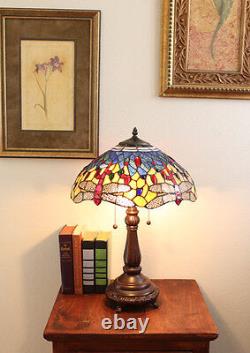 Stained Glass Tiffany Style Red Dragonfly Table Lamp 2 Lights 16 Shade