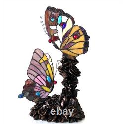 Stained Glass Tiffany Style Table Lamp Two Bulb Night Light Double Butterfly 17