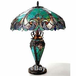 Stained Glass Victorian Tiffany Style Lamp Turquoise 18 Shade Lit Base 24 Tall