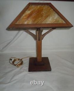 Stunning Antique Mission Oak Slag Stained Glass WB BROWN Lamp Arts & Crafts 19