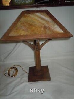 Stunning Antique Mission Oak Slag Stained Glass WB BROWN Lamp Arts & Crafts 19