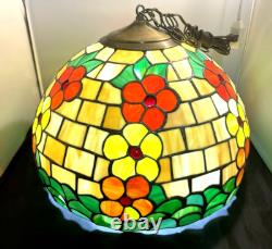 TIFFANY STYLE STAINED GLASS 18 1/4 IN X 14 in 1984 LAMP PANSY FLOWERS