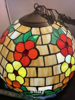 TIFFANY STYLE STAINED GLASS 18 1/4 IN X 14 in 1984 LAMP PANSY FLOWERS