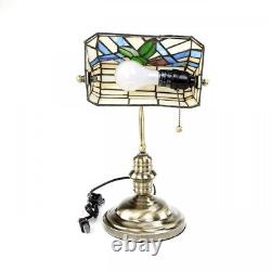 Table Desk Lamp Antique Brass With Stained Glass Floral Design 14 Tall