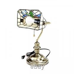 Table Desk Lamp Antique Brass With Stained Glass Floral Design 14 Tall