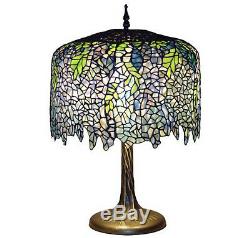 Table Lamp 3 Light Stained Cut Glass Tiffany Style Wisteria Metal Base 18x 27