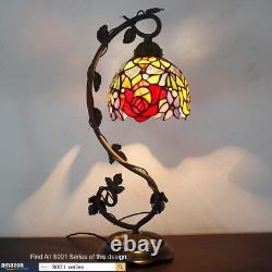 Table Lamp Red Rose Style Stained Glass Reading Desk Light with Metal Leaf Base