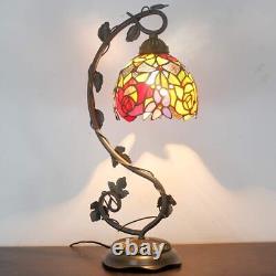 Table Lamp Red Rose Style Stained Glass Reading Desk Light with Metal Leaf Base