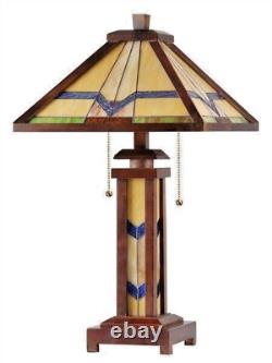 Table Lamp Stained Glass Wood Frame Light Mission Arts & Crafts Tiffany Style