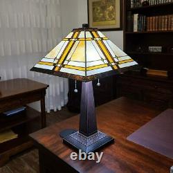 Table Lamp Tiffany Mission Style Beige Stained Glass Shade Dark Brown Finish
