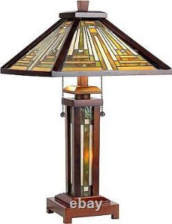 Table Lamp Tiffany Mission Style Brown Amber Green Stained Glass Shade Lit Base