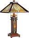 Table Lamp Tiffany Mission Style Brown Amber Green Stained Glass Shade Lit Base