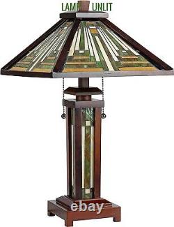 Table Lamp Tiffany Mission Style Brown Amber Green Stained Glass Shade Lit Base