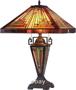 Table Lamp Tiffany Mission Style Brown Green Amber Stained Glass Lit Base 24 H