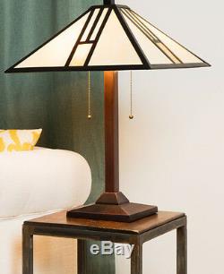 Table Lamp Tiffany Mission Style White Gold Stained Glass Shade Bronze Finish