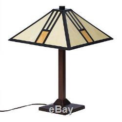 Table Lamp Tiffany Mission Style White Gold Stained Glass Shade Bronze Finish