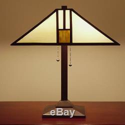 Table Lamp Tiffany Mission Style White Gold Stained Glass Shade Bronze Finish