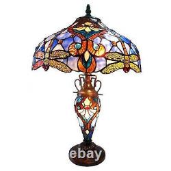Table Lamp Tiffany Style 3 Lights Amber Dragonfly Jewel Stained Glass Lit Base