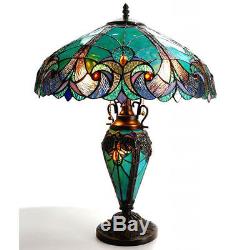 Table Lamp Tiffany Style 4 Light Green Amber Jewel Stained Glass Shade 24.5 H