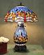 Table Lamp Tiffany Style Blue Stained Glass Shade With Red Dragonfly & Lit Base