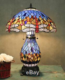 Table Lamp Tiffany Style Blue Stained Glass Shade with Red Dragonfly & Lit Base
