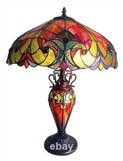 Table Lamp Tiffany Style Victorian Stained Glass Lighted Base 18 Shade 24.5 T