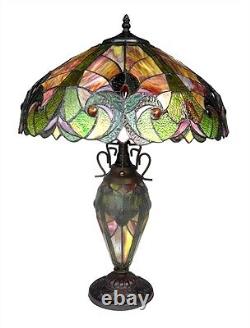 Table Lamp Tiffany Style Victorian Stained Glass Lighted Base 18 Shade 24.5 T