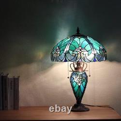 Table Lamp with Night Light 16inch Large Stained Glass Victorian Style Sea Green