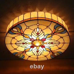 Tiffany Baroque Stained Glass Drum Shade Ceiling Lamp Flush Mount Light Fixtures