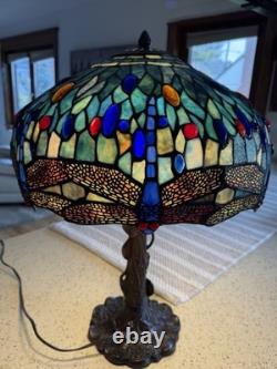 Tiffany Blue Dragonfly style Table lamp Stained Glass /very Heavy
