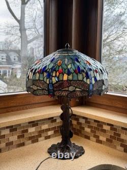 Tiffany Blue Dragonfly style Table lamp Stained Glass /very Heavy