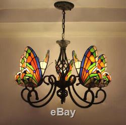 Tiffany Butterfly Stained Glass Chandelier Wrought Iron Ceiling Lamp 5 Lights