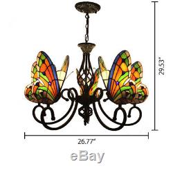 Tiffany Butterfly Stained Glass Chandelier Wrought Iron Ceiling Lamp 5 Lights