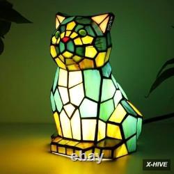 Tiffany Cat Lamp Blue and Green Stained Glass Animal Table Lamp Accent Lamp