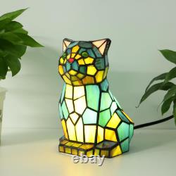 Tiffany Cat Lamp Blue and Green Stained Glass Animal Table Lamp Accent Lamp