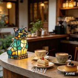 Tiffany Cat Lamp Blue and Green Stained Glass Animal Table Lamp Accent Lamp