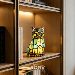 Tiffany Cat Lamp Blue and Green Stained Glass Animal Table Lamp Accent Lamp
