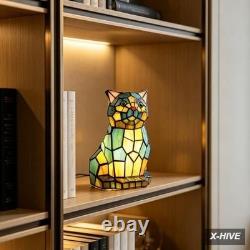 Tiffany Cat Lamp Blue and Green Stained Glass Animal Table Lamp Accent Lamp