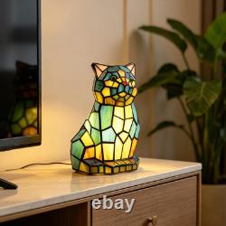 Tiffany Cat Lamp Blue and Green Stained Glass Animal Table Lamp Accent Lamp