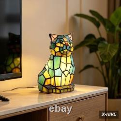 Tiffany Cat Lamp Blue and Green Stained Glass Animal Table Lamp Accent Lamp