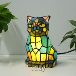 Tiffany Cat Lamp Blue and Green Stained Glass Animal Table Lamp Accent Lamp