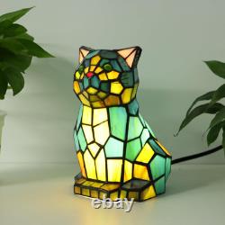 Tiffany Cat Lamp Blue and Green Stained Glass Animal Table Lamp Accent Lamp