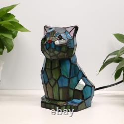 Tiffany Cat Lamp Blue and Green Stained Glass Animal Table Lamp Accent Lamp