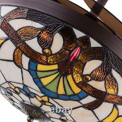 Tiffany Ceiling Fan Light Stained Glass Shade LED Retractable Lamp Chandelier