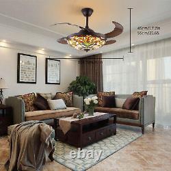 Tiffany Ceiling Fan Light Stained Glass Shade LED Retractable Lamp Chandelier