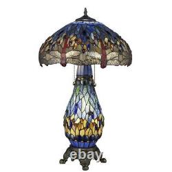 Tiffany Dragonfly 25 in. Bronze Table Lamp Lit Base Stained Glass Handcrafted